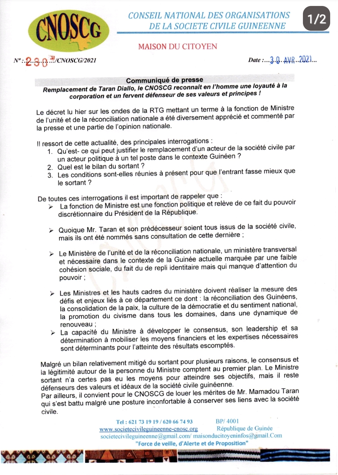 Le CNOSCG exprime sa gratitude à Taran Diallo après son limogeage ...