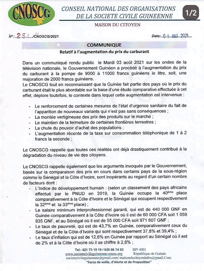 Réajustement prix du carburant : le CNOSCG émet des réserves sur les ...