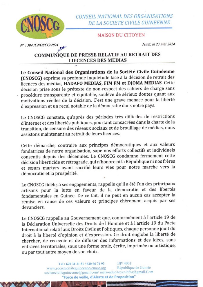Le CNOSCG à propos des retraits de licences et fréquences des médias ...